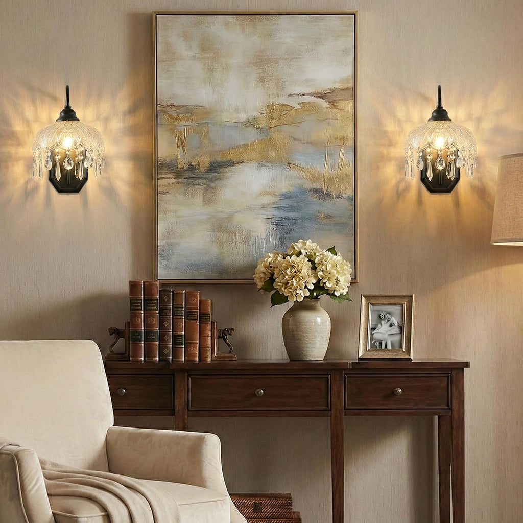 2-Pack Vintage Glass Crystal Wall Sconce, Matte Antique Black Finish, for Bedroom Bathroom Hallway Living Room