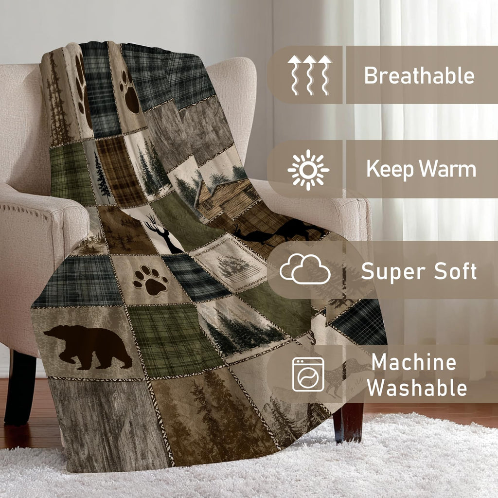 Rustic Cabin Forest Vintage Patchwork Plaid Blanket, 60x80 Inch