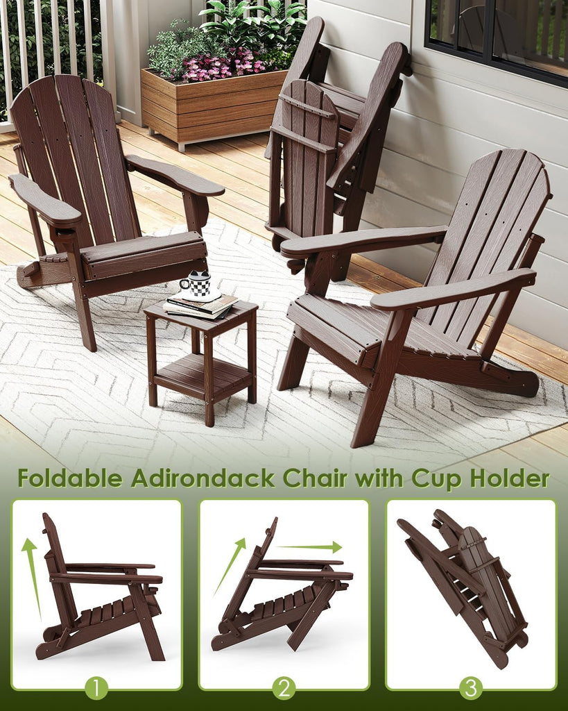 Folding-Adirondack-Chairs Set of 2, HDPE Wood Grain, Dark Brown | Hidden Cup Holder | 5" Wide Armrests | Foldable