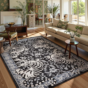 Tiger Washable Rugs, Boho Bedroom Rug Non-Slip Jungle Floral Area Rug, Soft Stain Resistant Vintage Western