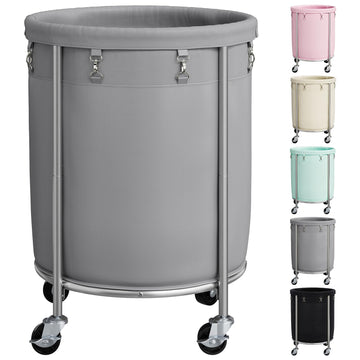 Laundry Basket with Wheels, Round Rolling Laundry Hamper, Gray