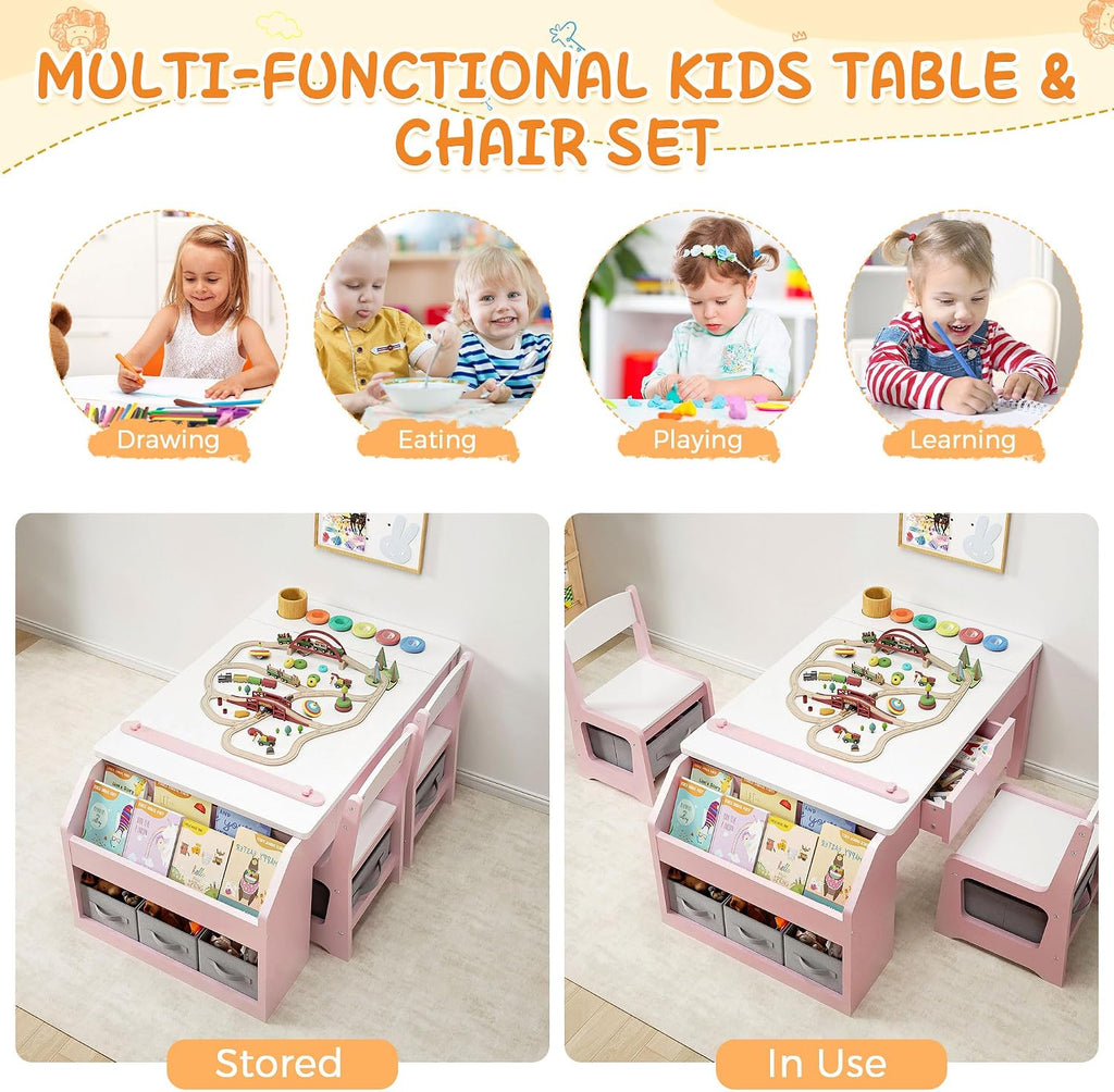 In-1 Kids Art Table and Chairs, Wood Toddler Table and Chair Set with Storage Drawers, Craft Play Desk for Kids