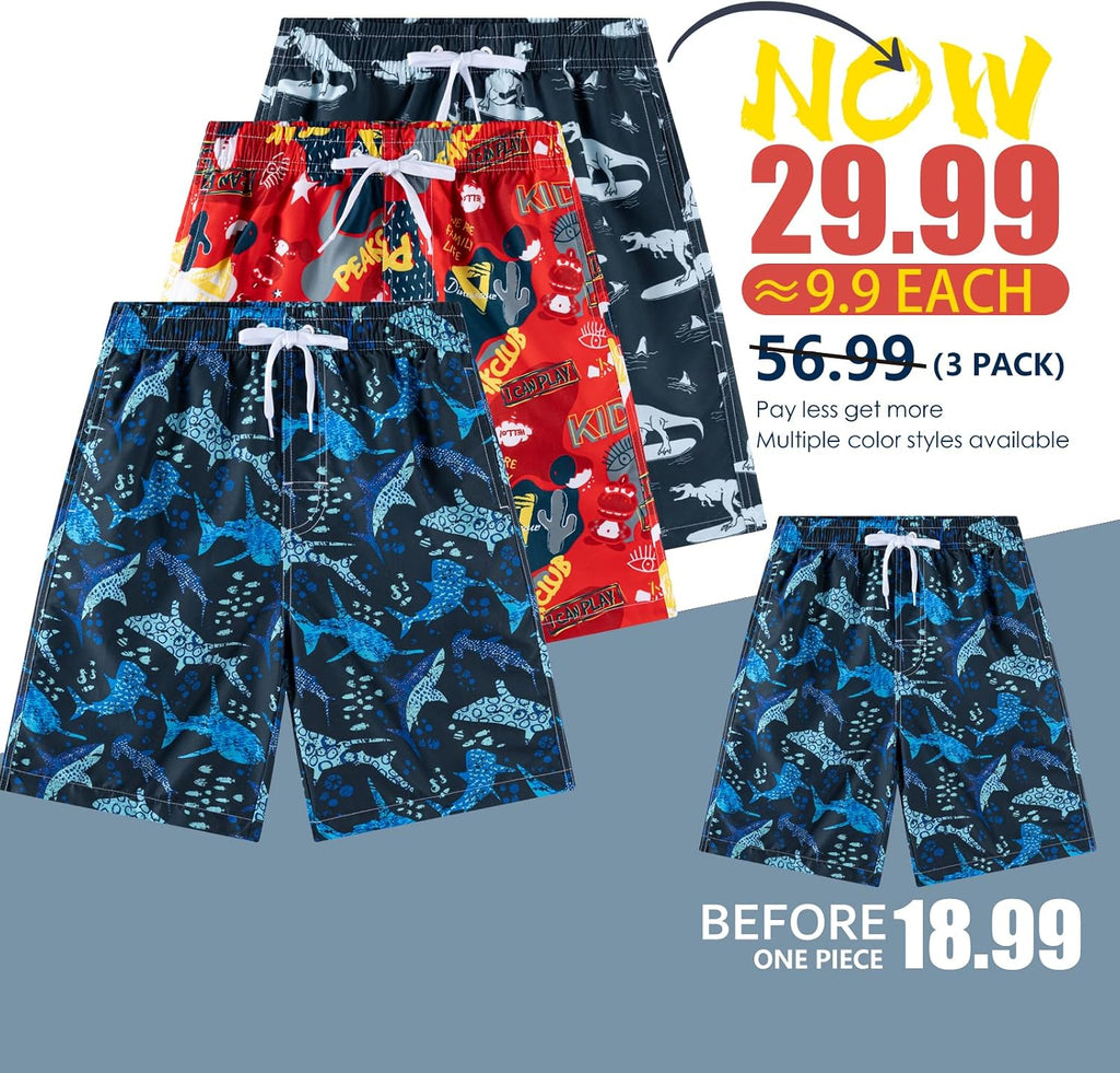 Boys Swim Trunks 3 Pack Quick Dry UPF 50+ Bathing Suit