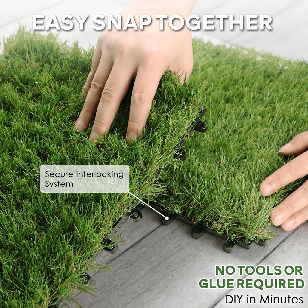 Outdoor Artificial Grass Tiles Interlocking Turf Squares 9 Pack, 12"x12" Fake Grass Mat for Balcony Patio Deck Flooring