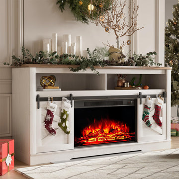 For TVs up to 65", Farmhouse Media Console, White | White Electric Fireplace TV Console with Storage Cabinets &