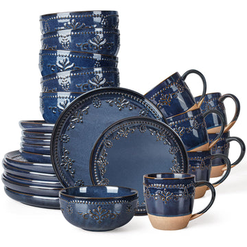 24-Piece Handcrafted Ceramic Dinnerware Set with Mugs, Service for 6 - Reactive Glaze Embossed Plates, Bowls & Mugs