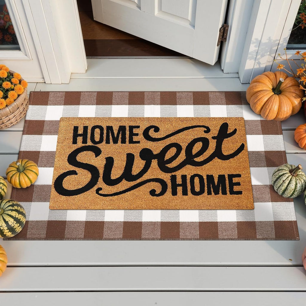 Fall Decor Khaki and White Checkered Outdoor Front Porch Rug