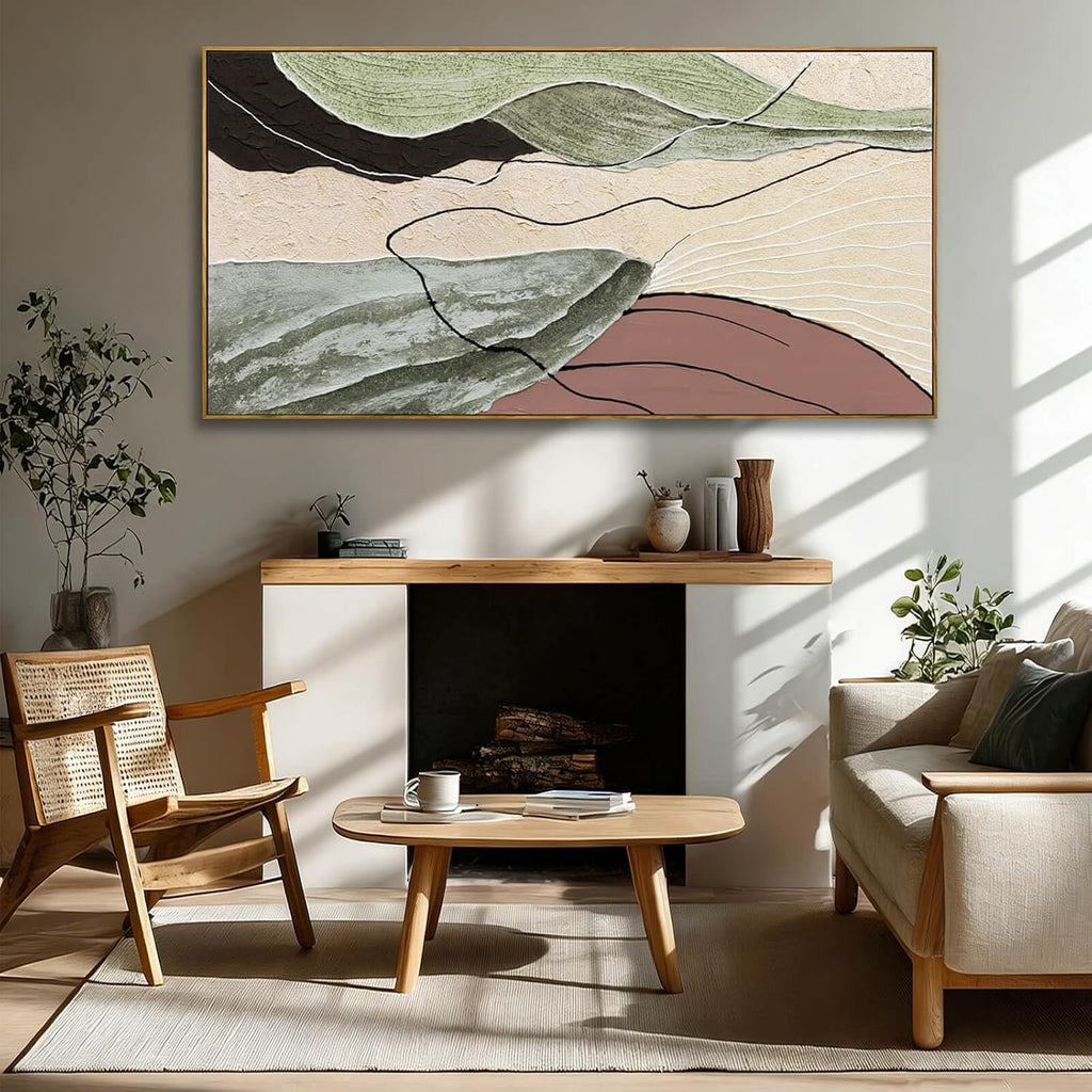 Brown Green Abstract Canvas Wall Art, Framed Beige White Painting, Neutral Black Prints Wall Decor, In Artwork