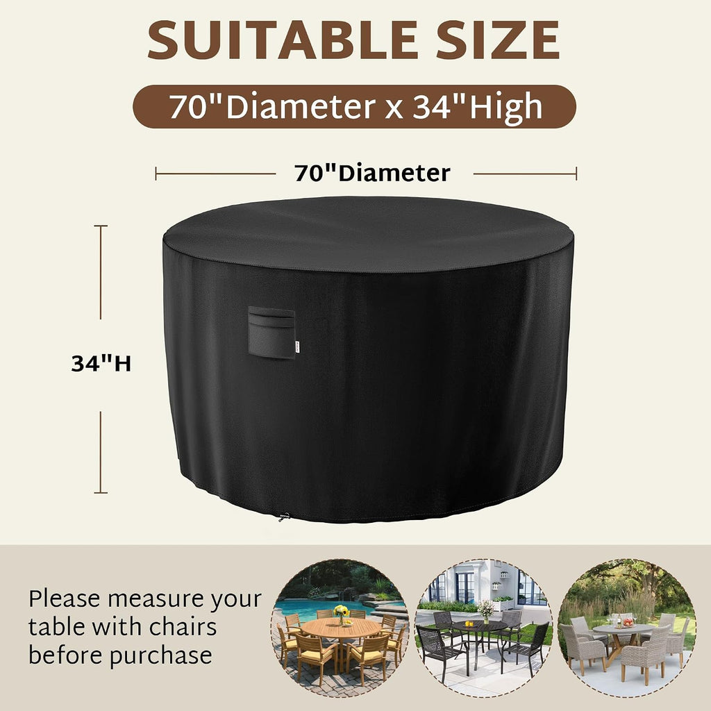Outdoor Round Table Cover 70 x 34 inch, 6 ft, Waterproof, 600D | fit 70, 68, 66 Diameter, Weatherproof, Heavy Duty