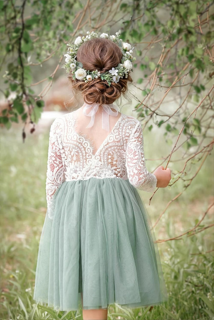 Girl Peony Lace Back A-Line Straight Tutu Tulle Party Flower Girl Dress