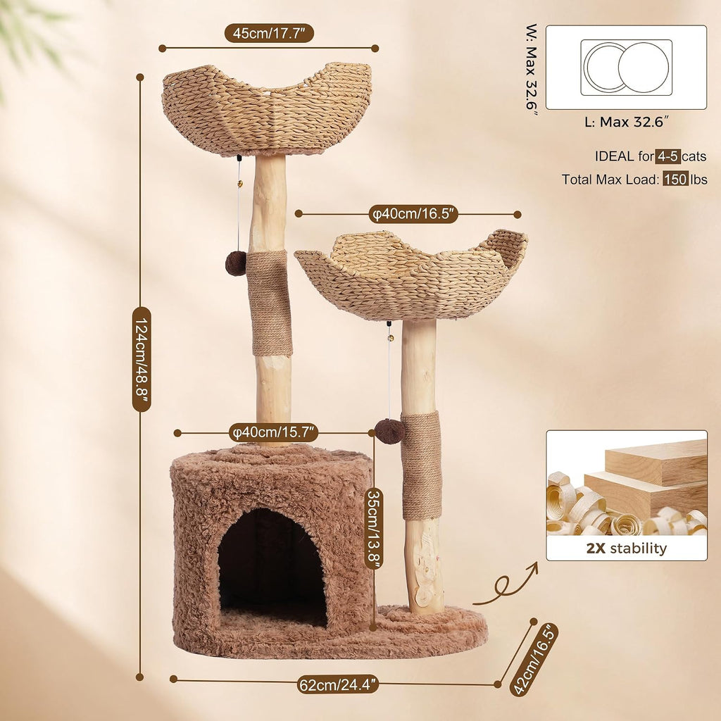 Modern Cat Tree Tower 50" with 2 Handmade Baskets and Large Condo