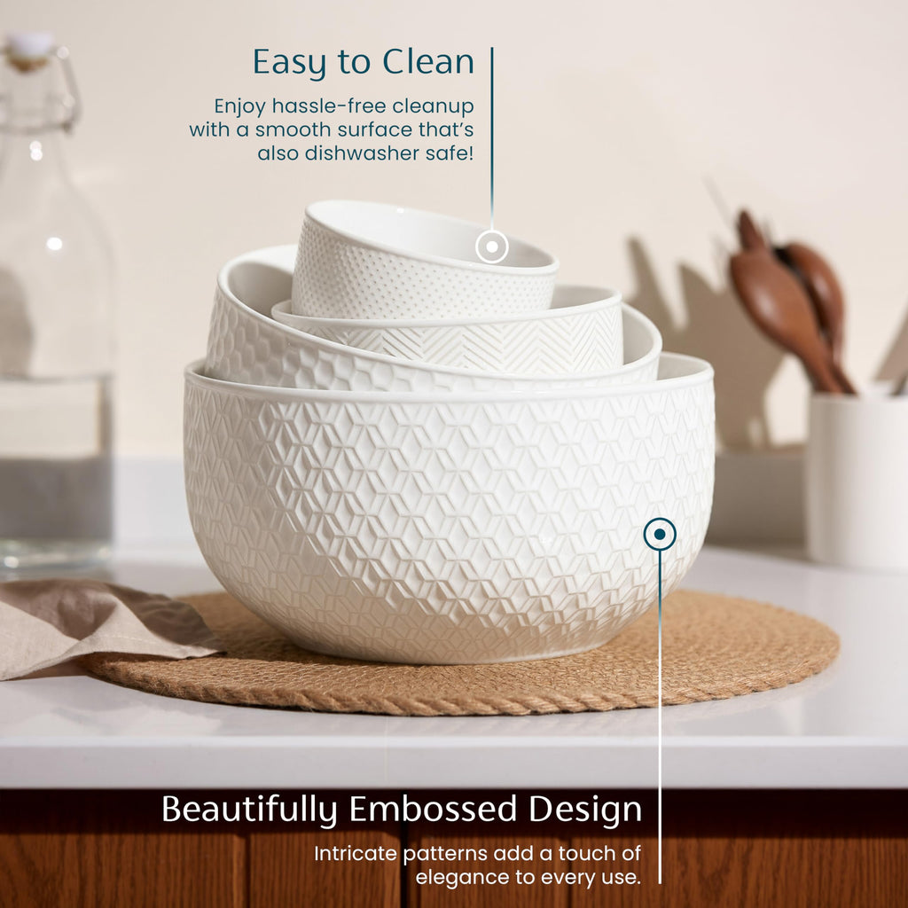 Ceramic Nesting Bowls, Embossed, Oven Safe, Set of 4, Marshmallow