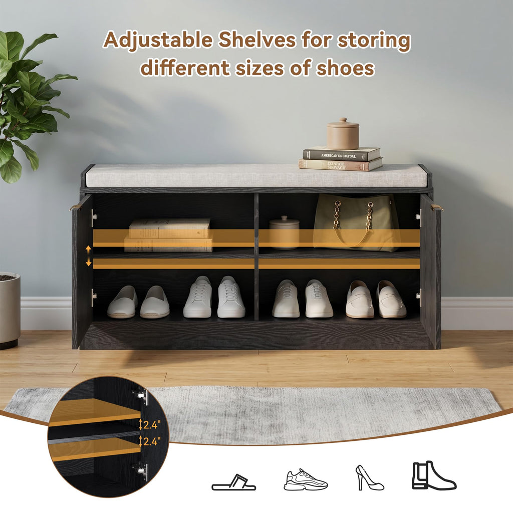 Fluted Shoe Storage Bench with Cushioned Seat and Sliding Doors, Black丨Modern Entryway Cabinet with Gold Handles