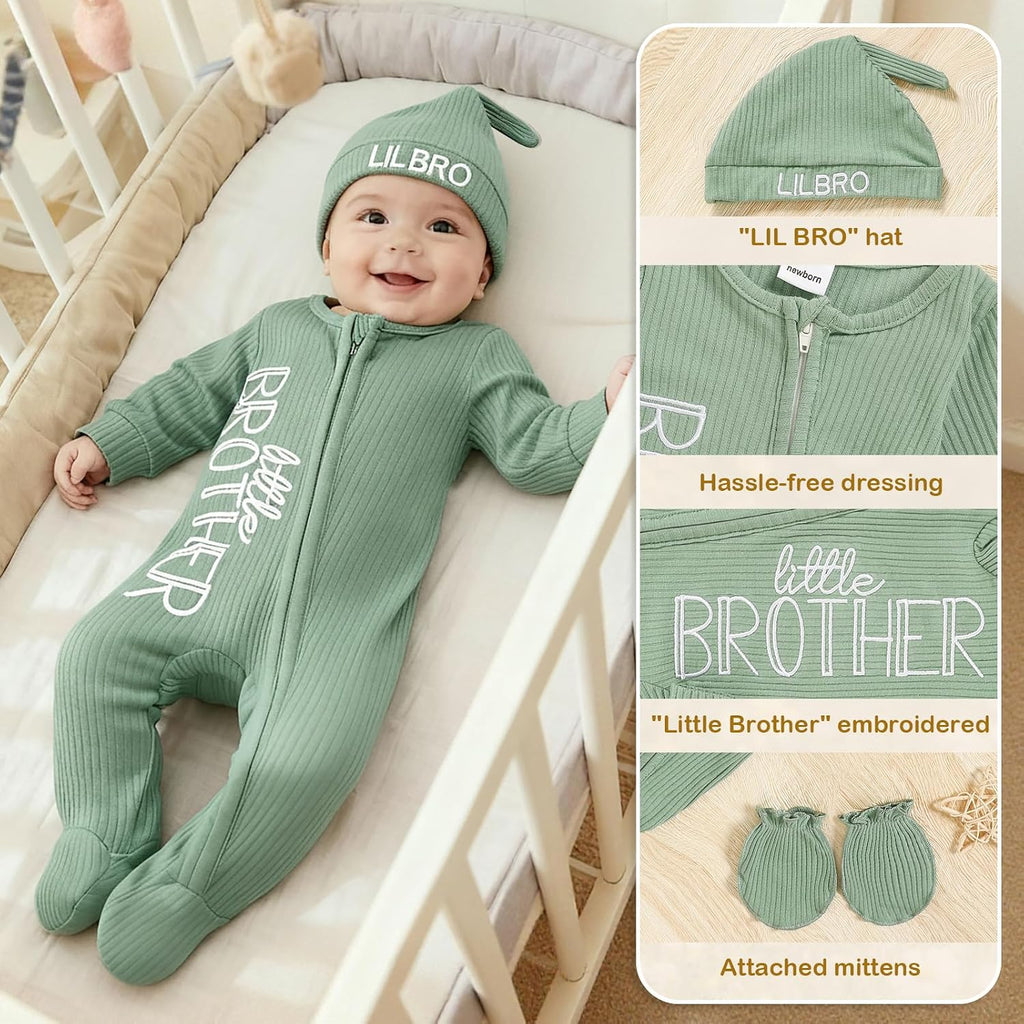Newborn Baby Boy Outfits Zippered Romper Letter Embroidered Coming Home Jumpsuit with Hat Mittens