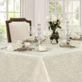 Portofino Scalloped Damask Fabric Tablecloth, 52 x 70 Inch Rectangle, Ivory, Wrinkle and Stain Resis