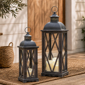 Farmhouse Outdoor Lanterns, Set of 2 Rustic Lanterns Decor, Vintage Hanging Candle Holder Decorative for Porch