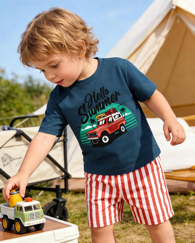 Toddler Baby Boy Summer Outfits Crew Neck T-shirt+Striped Shorts Set with Pockets Casual 2 Piece Clothes