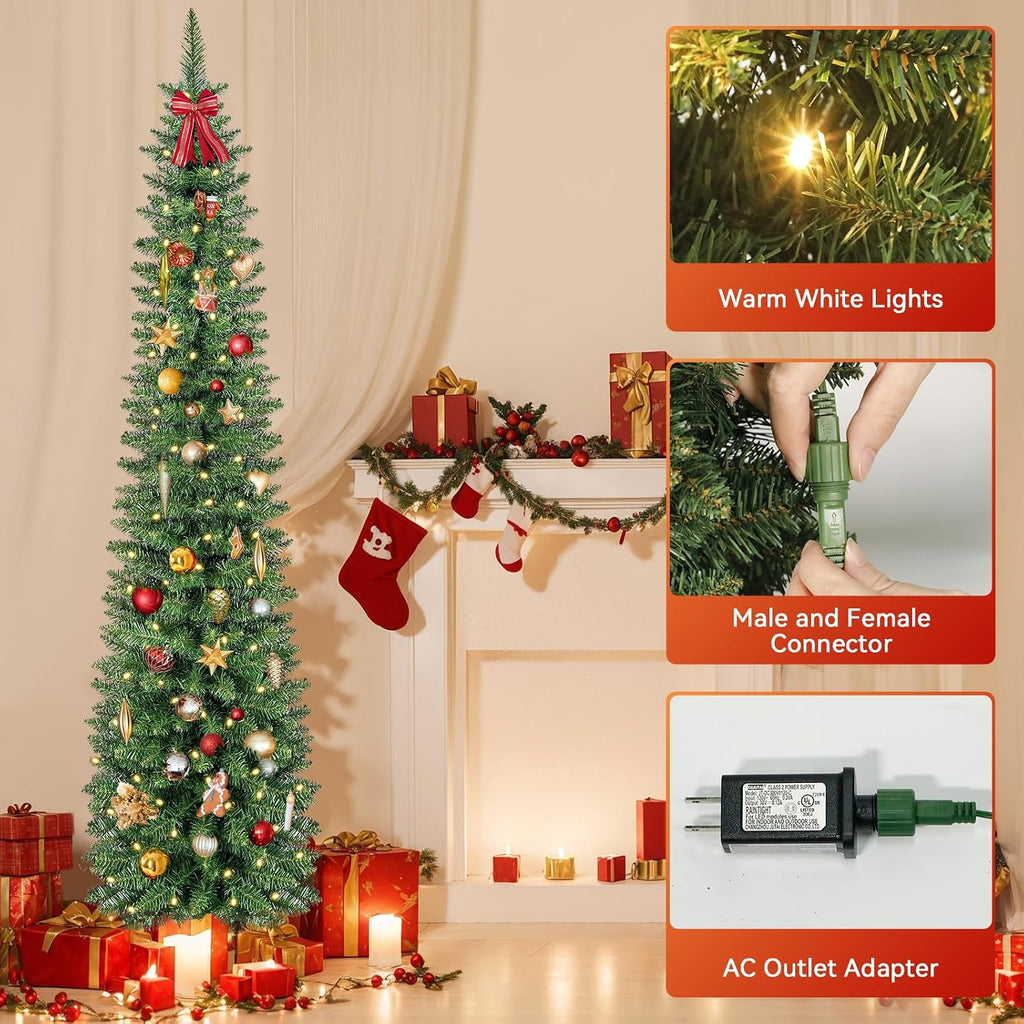Green Pencil Artificial Christmas Tree Pre-Lit with Warm Lights, Slim Xmas Tree