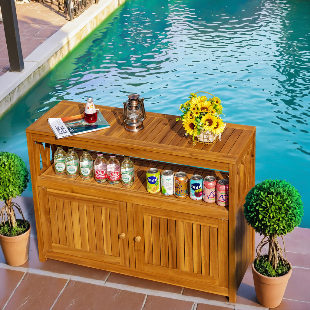 2-Tier Outdoor Storage Cabinet in Acacia Wood, with 2 Magnetic Doors, for Garden, Picnic, Buffet, TV Stand, or Bar