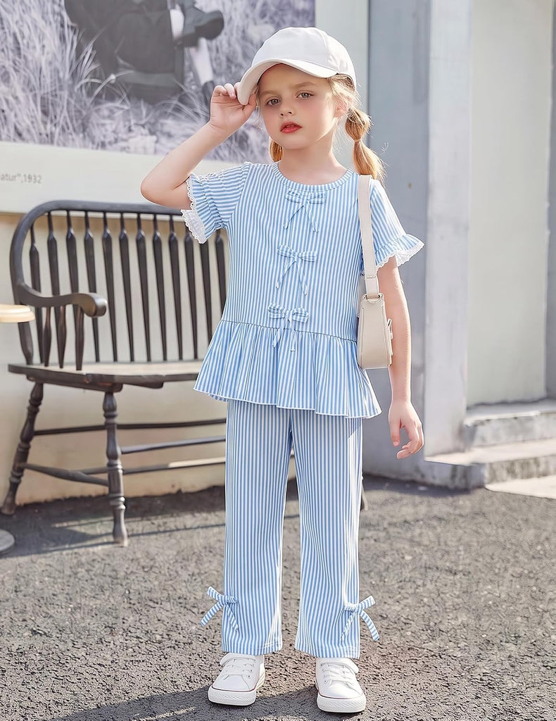 Girls Clothes 2 Piece Outfits Butterfly Knot Top and Wide Leg Pant