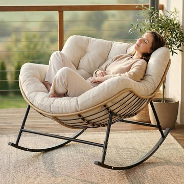 Outdoor Papasan Rocking Chair with Thick Cushion, Cream