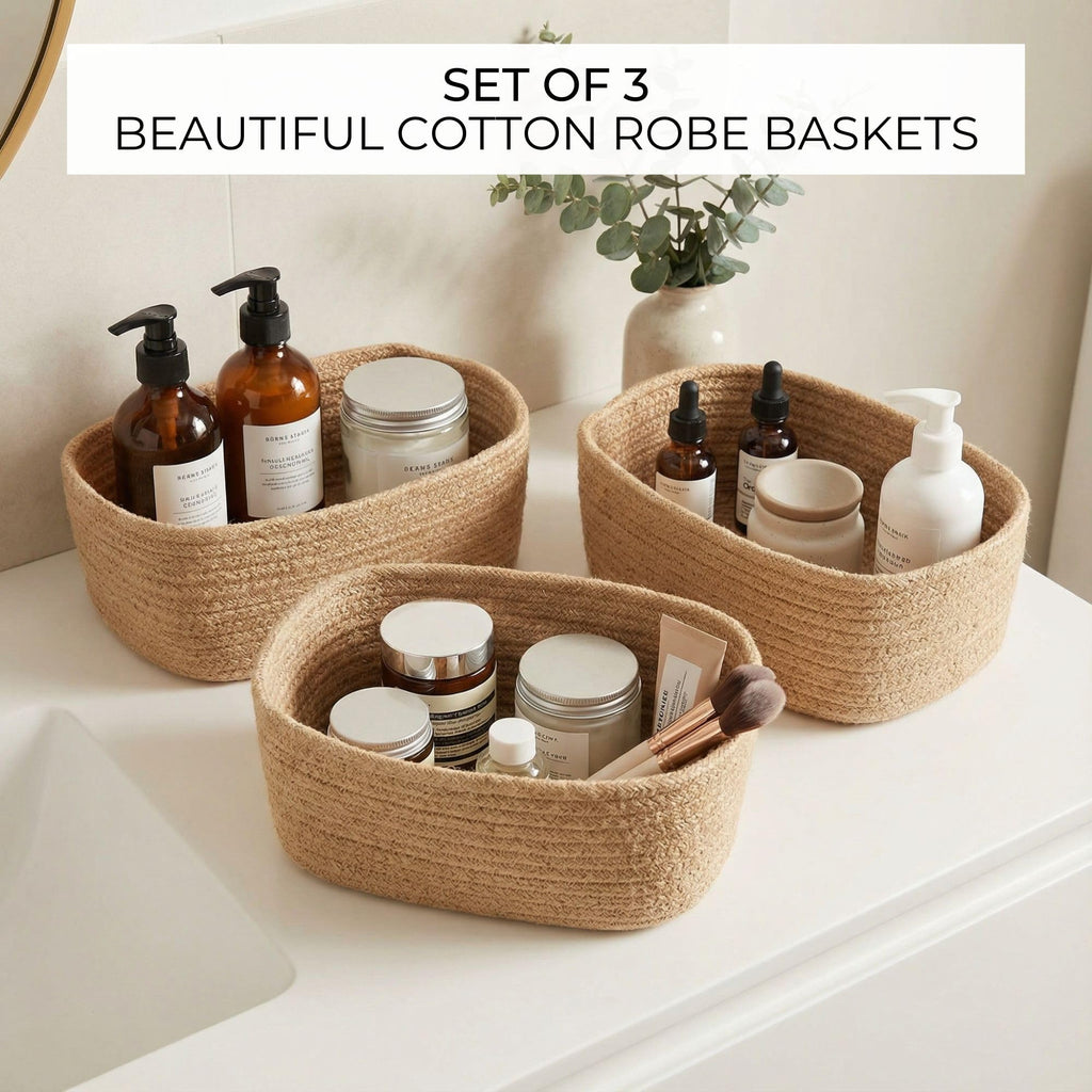 Beautiful Storage Basket Set of 3 - Sturdy Jute Rope Baskets for Shelves