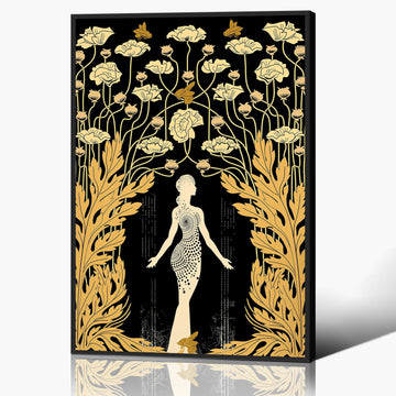 Art Nouveau Goddess Demeter Painting, Black and Gold Print Canvas Art, Bohemian Greek Goddess Poster, Boho Flower and
