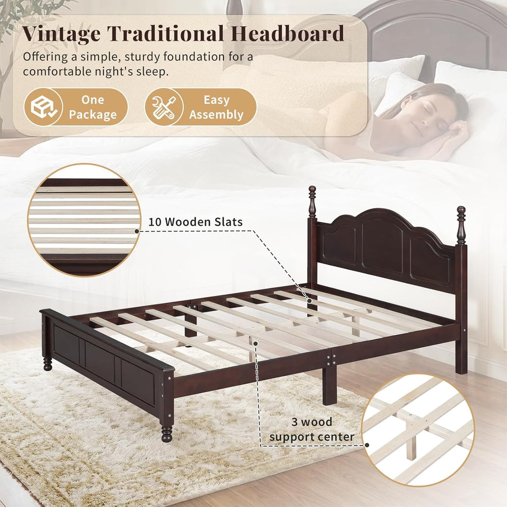 Vintage Queen Wood Bed Frame, Traditional Solid Wood Platform Bed with Retro Style Headboard, Traditional Town Style