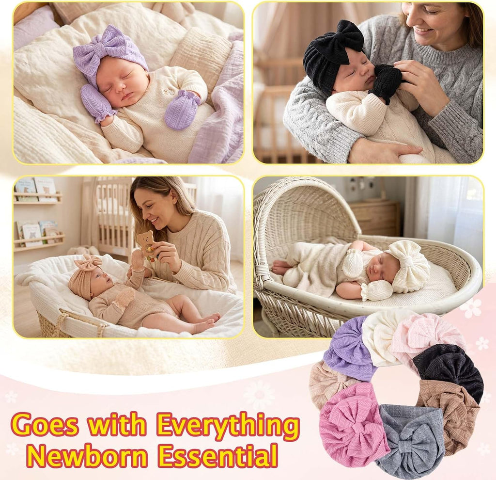 8 Sets Newborn Baby Girl Bow Hats and Mittens Turban Beanies 0
