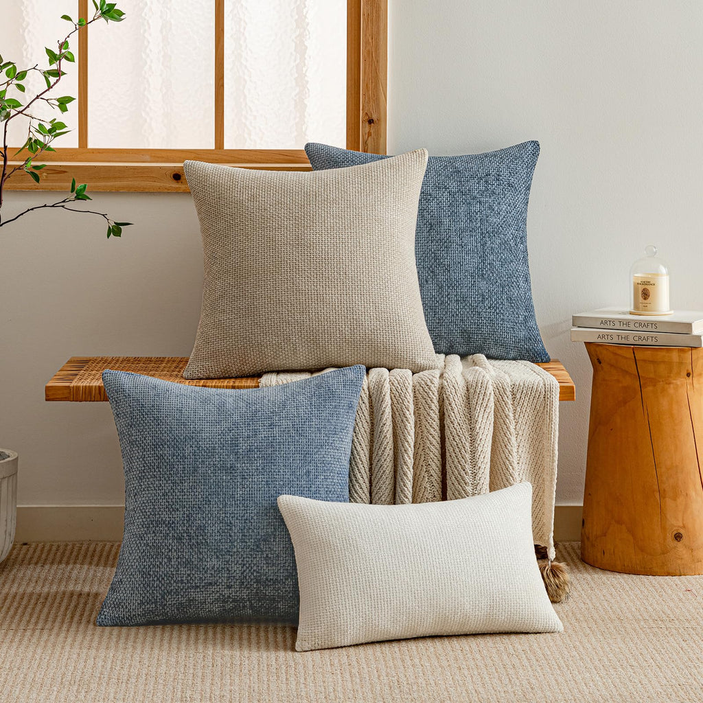 Blue Chenille Throw Pillow Covers 22x22 Inch Pack of 2 Modern Decorative Throw Pillow Covers Farmhouse Cross Covers