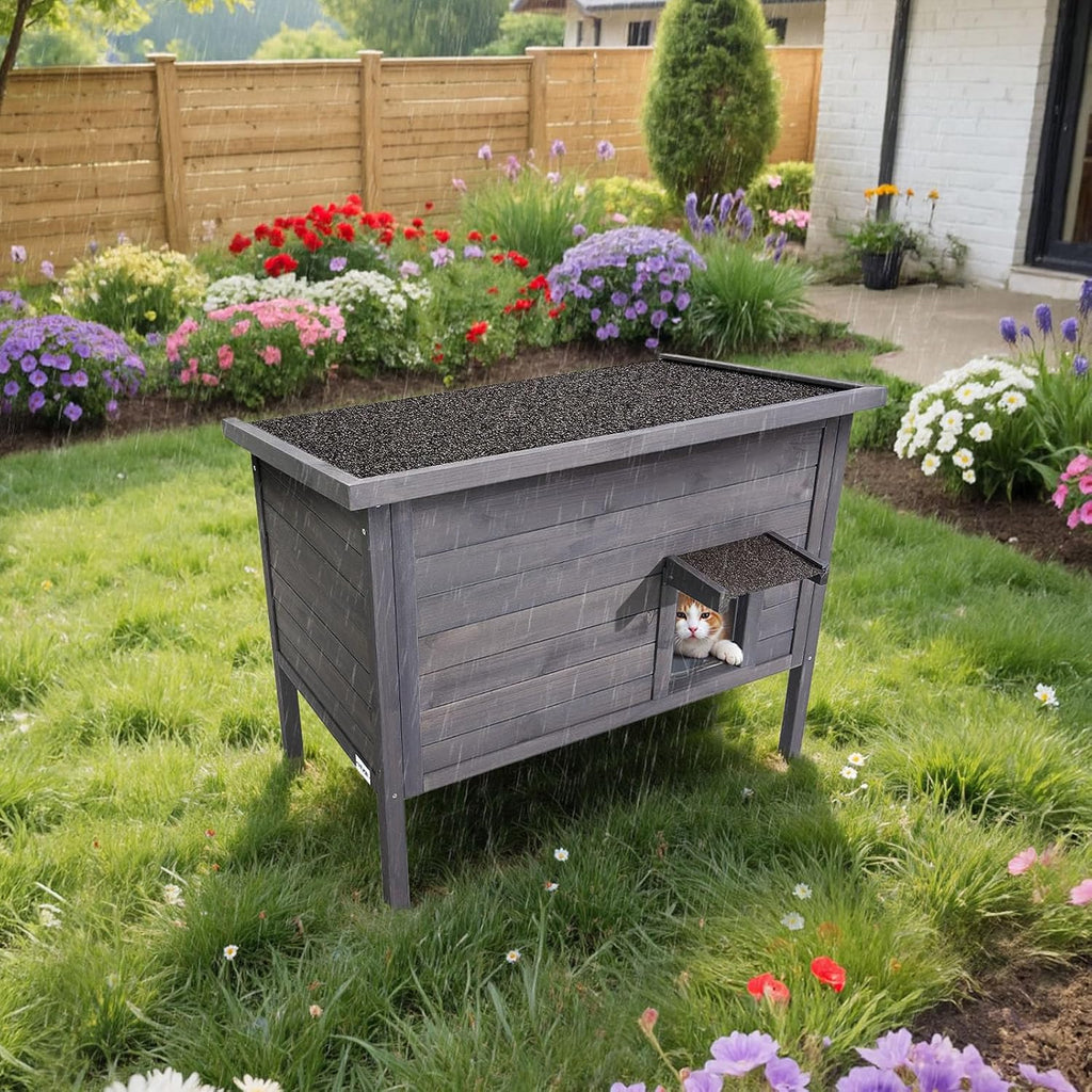 Heated Outdoor Cat House, Insulated Wooden Cat House for Cats, Waterproof Feral Kitty Shelter with Heating Pad, PVC