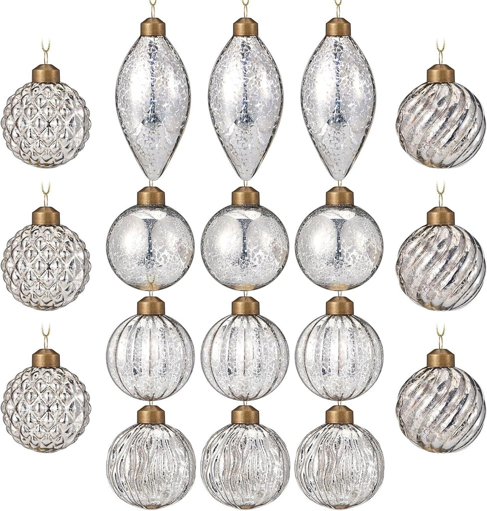 18 Pcs Silver Christmas Mercury Glass Balls Ornaments, 6 Styles