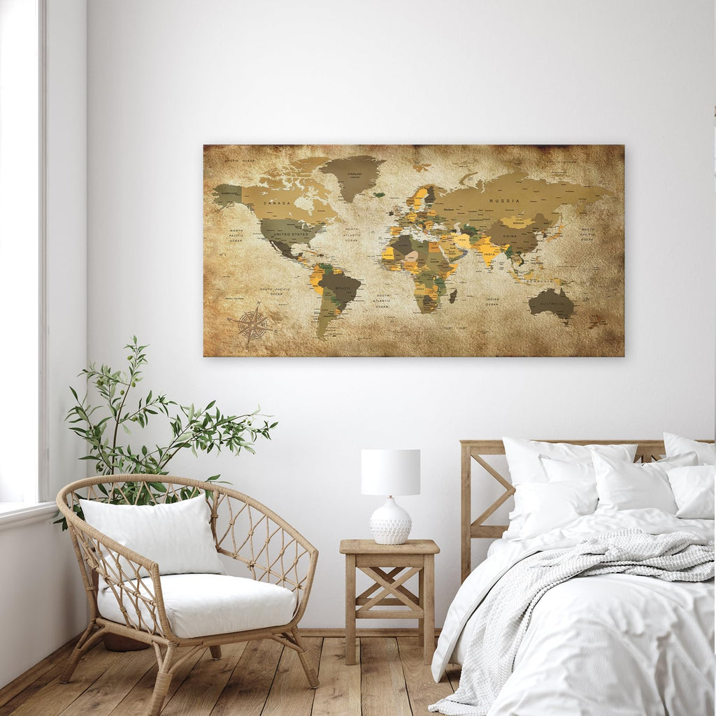 Art World Map Canvas Wall Art Vintage Large Map of The World 20" x 40" Framed Canvas Print Artwork Living Room Wall