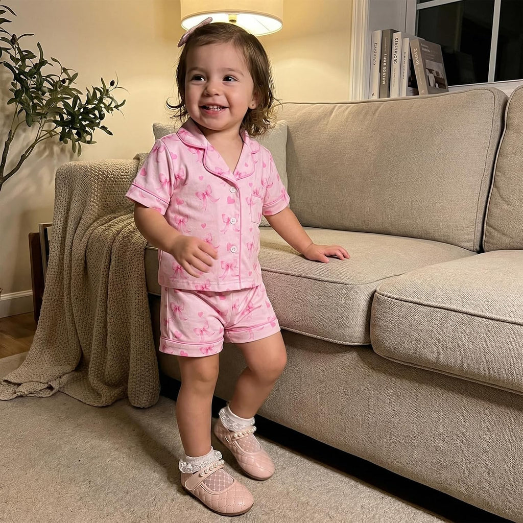 Toddler Baby Girl Pajamas Set Summer Floral Short Sleeve Button Down Shirt Top and Shorts 2pcs Pjs Sets Sleepwear