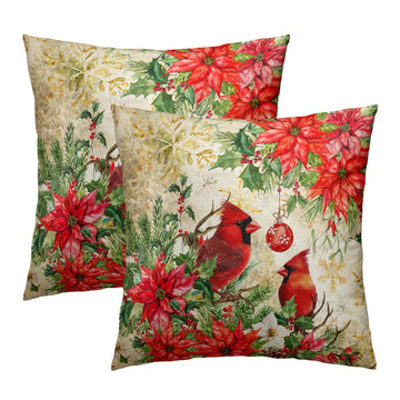 Xmas Bird Winter Holly Pillow Covers 16 x 16 Inch Red Poinsettias Berry Pine Cone Square Seasonal Decorative Pillow