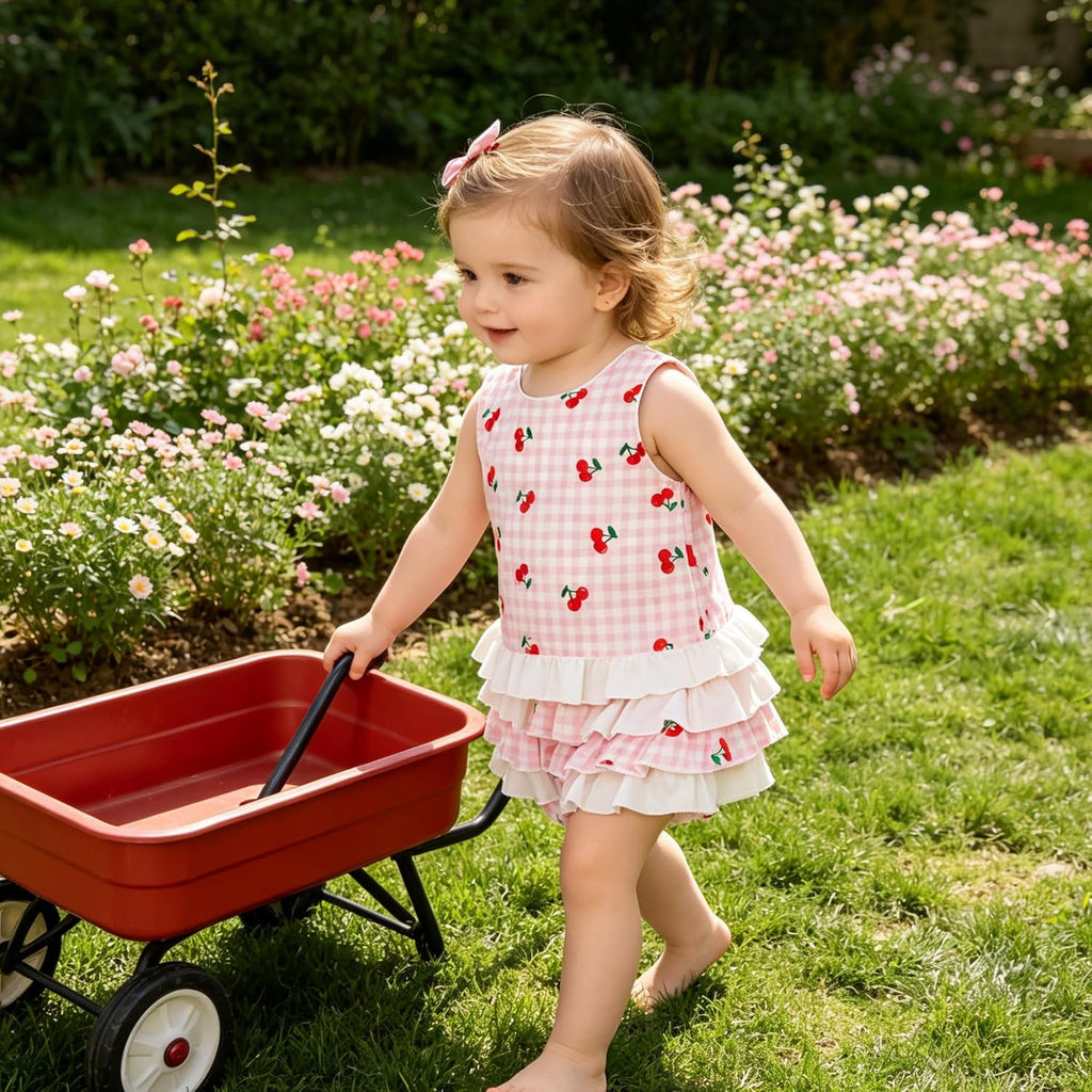 Toddler Baby Girl 2Pcs Summer Clothes Cherry plaid Sleeveless Top & Ruffle Bloomer Skirt Set