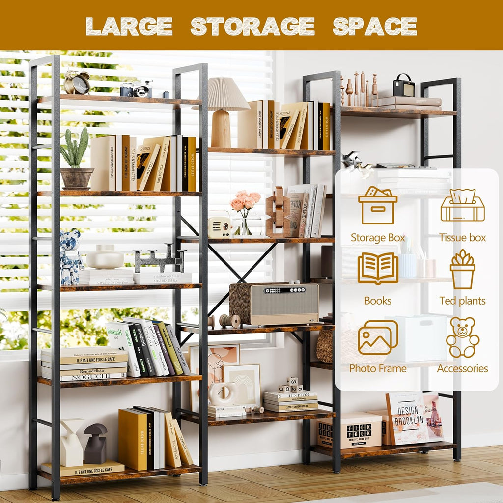 Triple 5 Tier Bookshelf, Industrial Large Bookcase with 14 Open Display Shelves