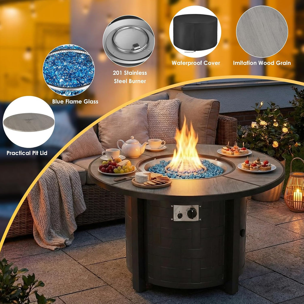 42-Inch Round Propane Fire Pit Table, 50,000 BTU, Gray | Round Gas Fire Table with Blue Fire Glass; Lid Restores