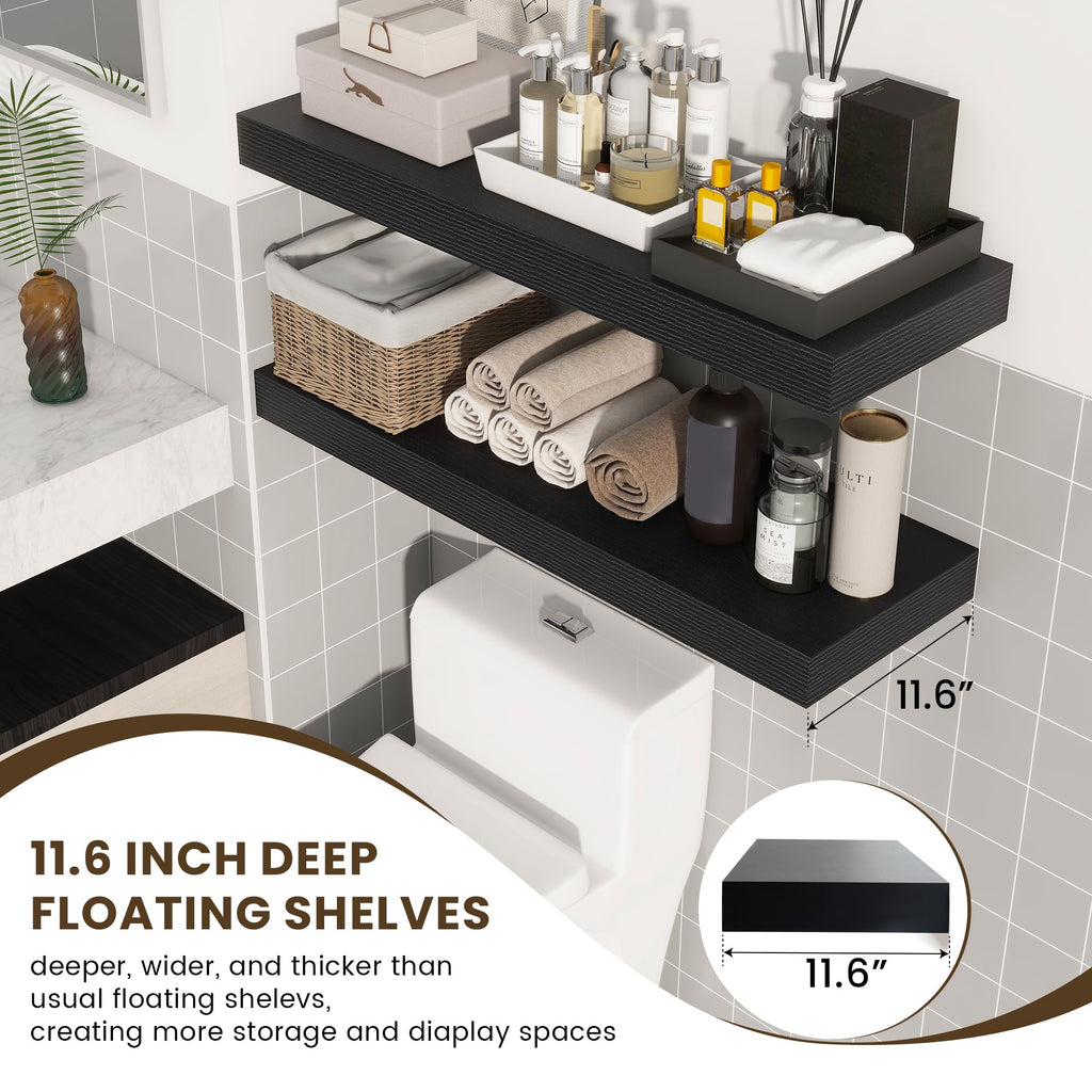 Deep Floating Shelves, 36'' x 12'' Black Shelves for Wall Set of 2