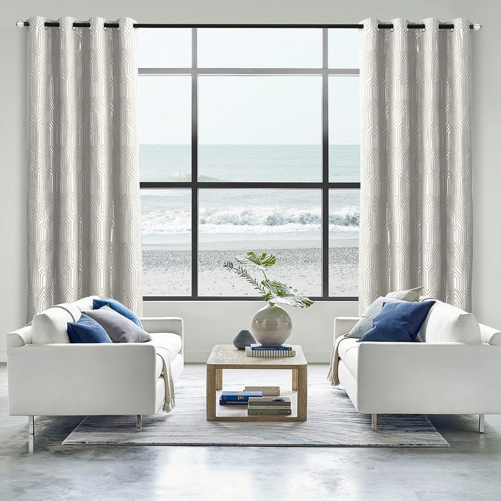 Beige and Silvery 100% Blackout Jacquard Geometric Pattern Curtains,52 Inch Wide 84 Inches Long 2 Panels, Thermal