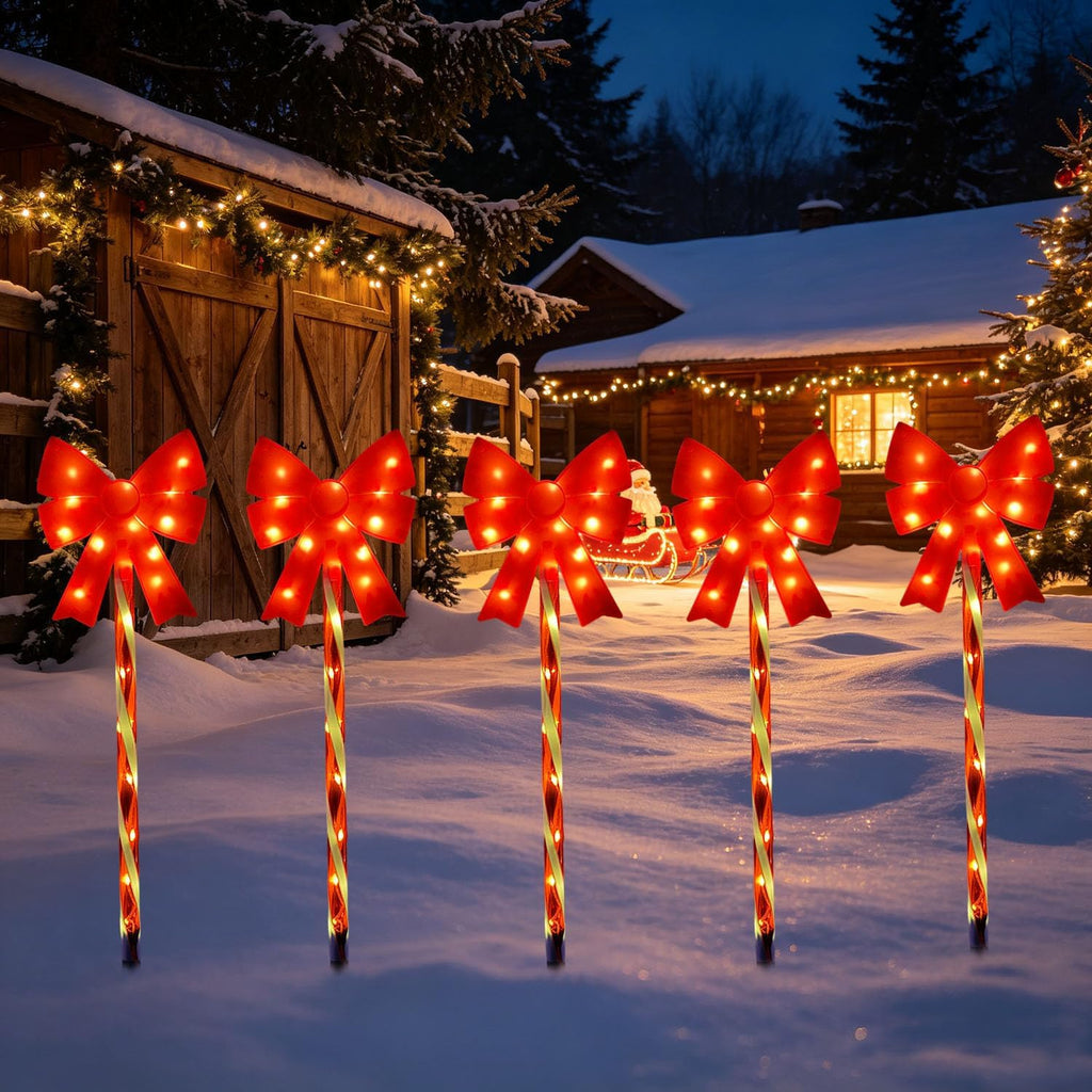 Outdoor Christmas Decorations Solar Pathway Lights, Set of 5 Red Bow Candy Stake Lights, Waterproof Solar Christmas