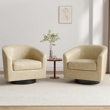 Faux Leather Swivel Accent Barrel Chairs, Round Armchair, Cream - Set of 2