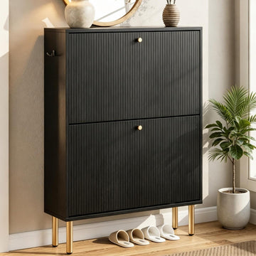 Shoe Cabinet Storage, Narrow Shoe Rack with Metal Legs, 9.5" Slim 2 Flip Drawers Shoe Storage Cabinet for Small