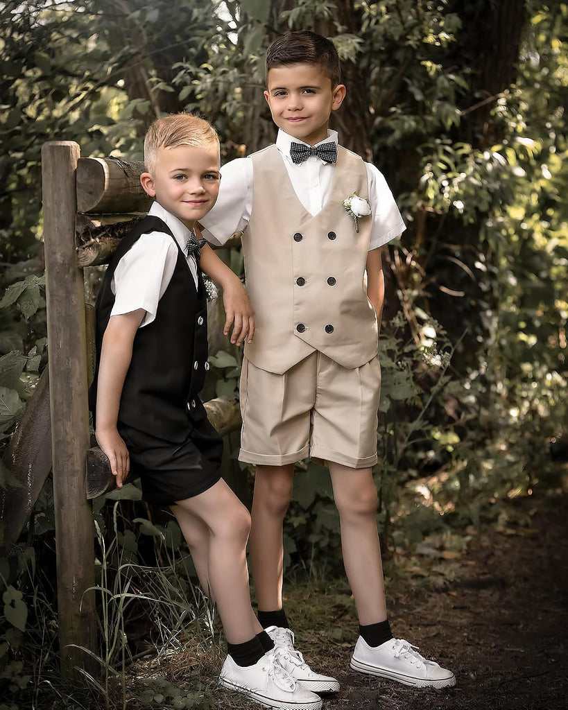 4Pcs Boys Suit, Kids Summer Dress Clothes Shirt Vest Shorts Bow Tie
