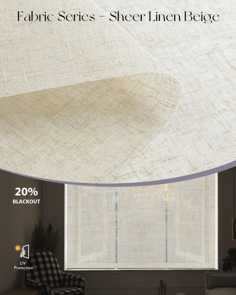 Motorized Light Filtering Roller Shades, Sheer Linen Beige