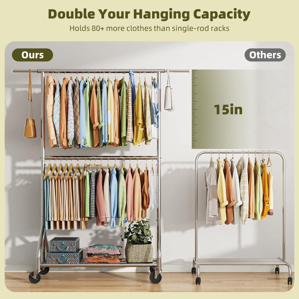 Double Rod Clothing Rack, Heavy Duty Clothes Rack, Chrome