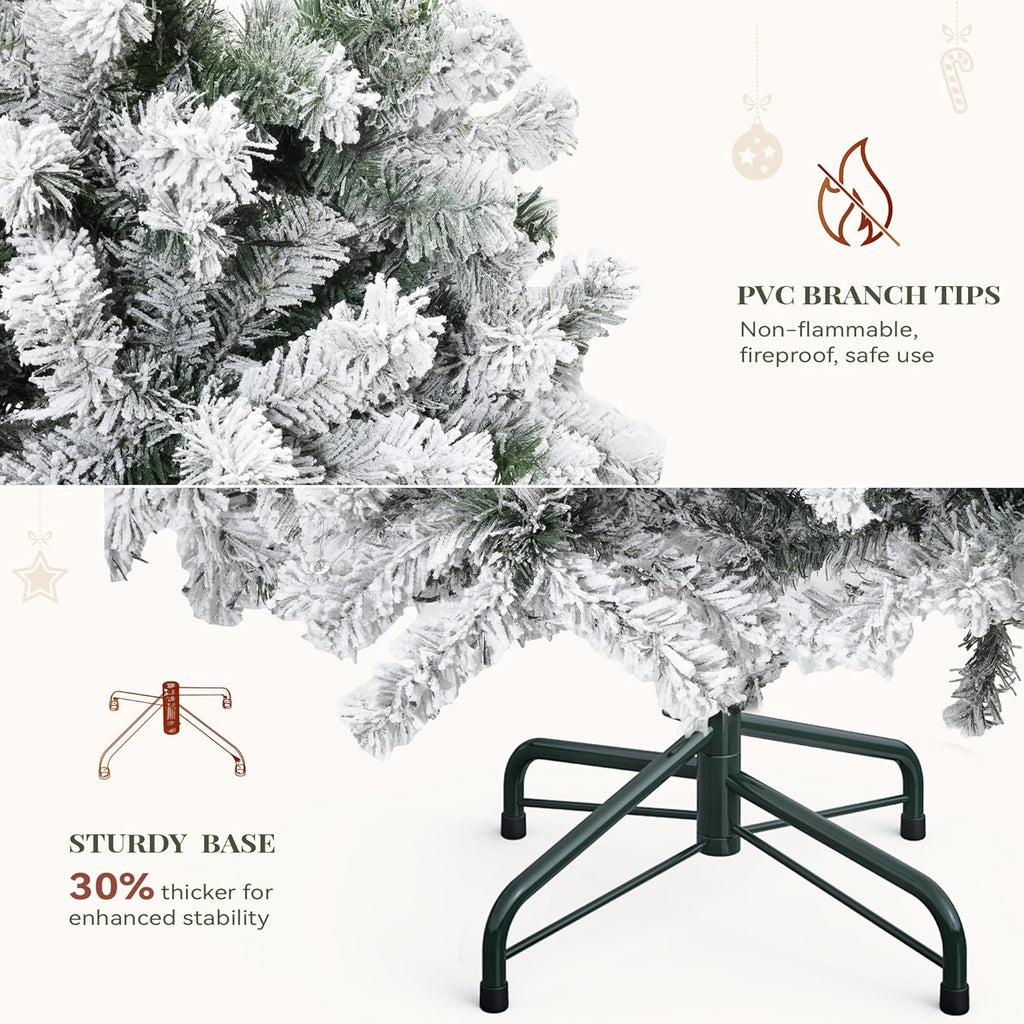 Prelit Snow Flocked Artificial Full Christmas Tree with Remote Control, Christmas Pine Tree with 11 Light-Modes