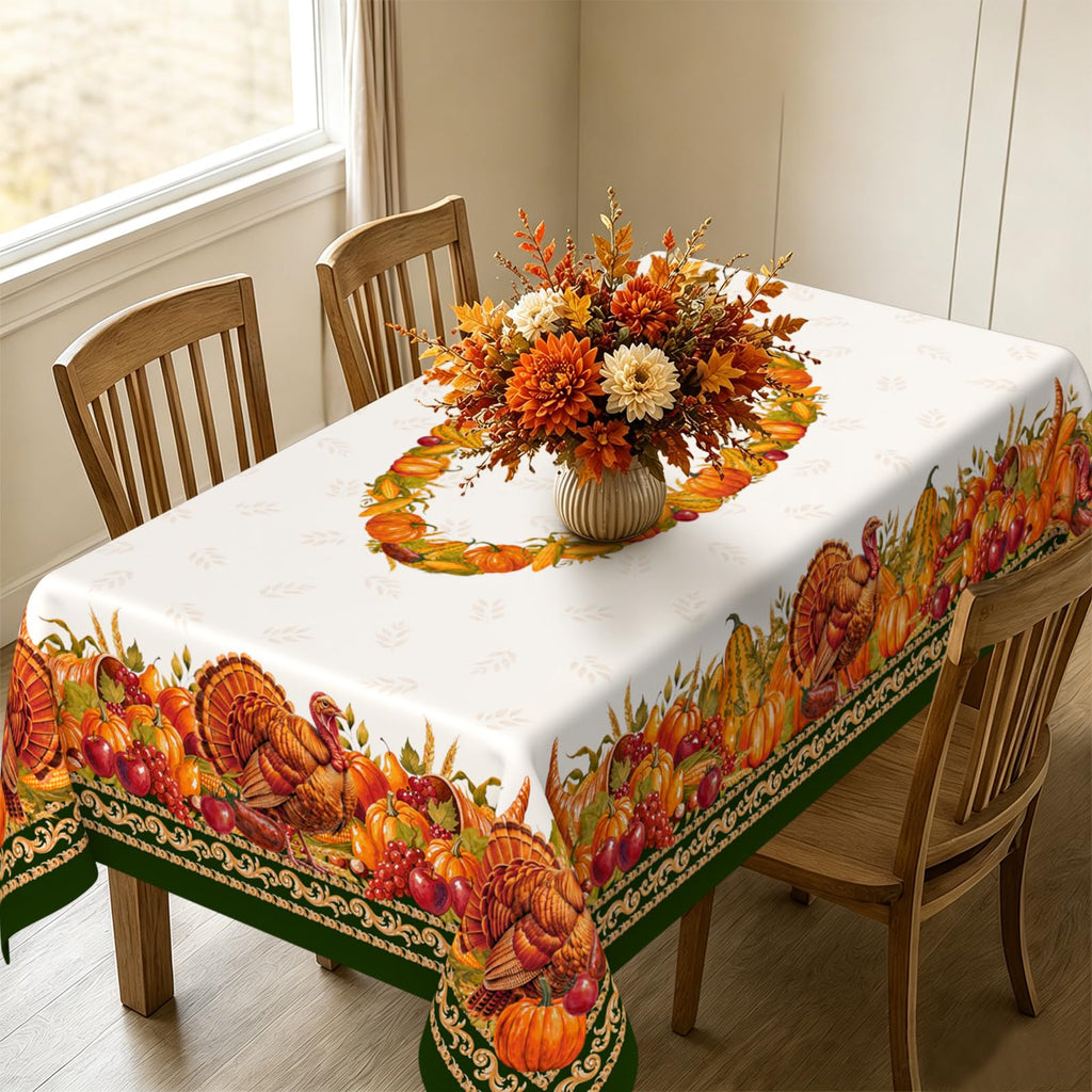Rectangle Fall Tablecloth 60x120 Inch, Thanksgiving Autumn Harves Turkey Pumpkin Table Cloth, Waterproof Wrinkle