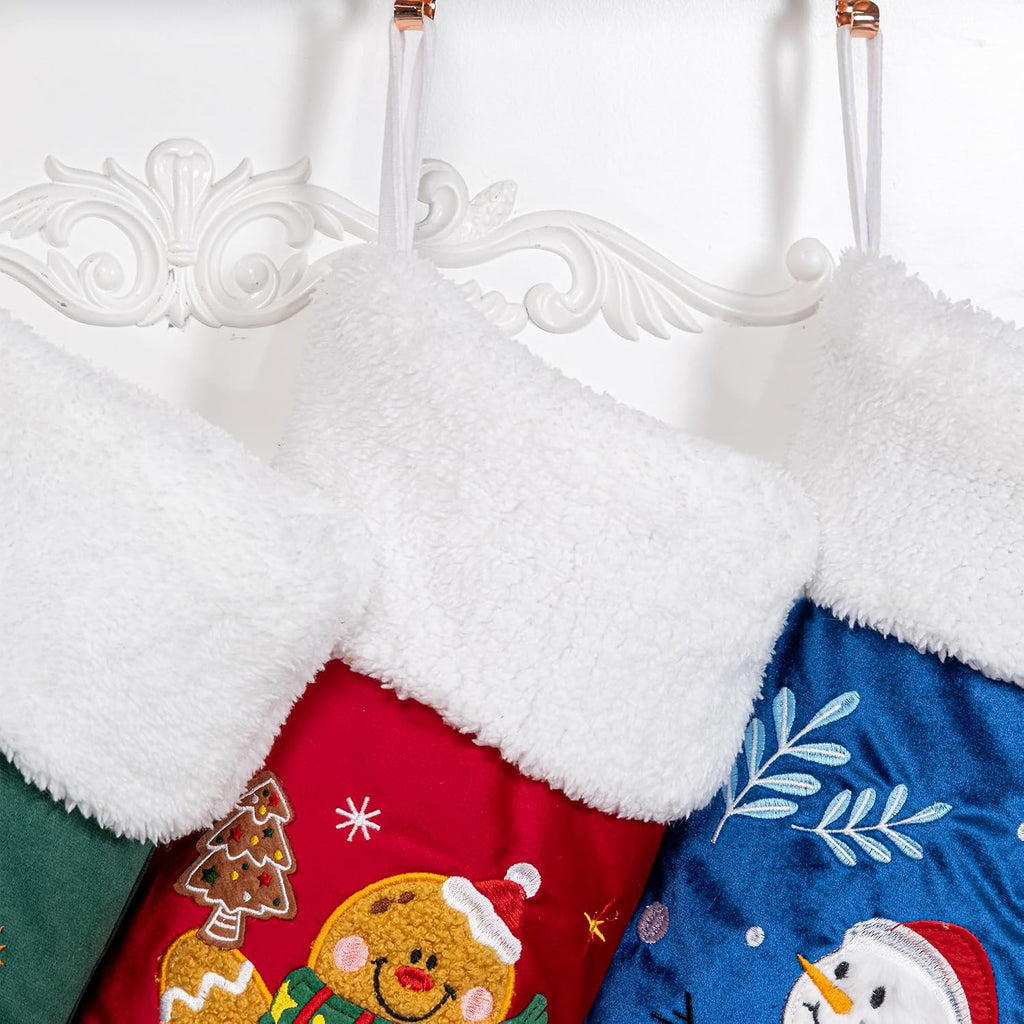 Christmas Stocking 5 Pack Green Blue Red Velvet Embroidery Pattern Soft Faux Fur for Family Decorations Hanging
