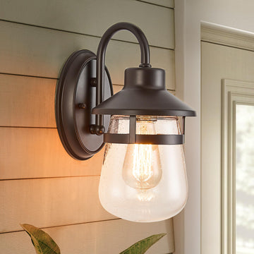 Outdoor Wall Sconce with Clear Seeded Glass Shade, Waterproof Exterior Fixture in Oil Rubbed Bronze Finish, Suit for